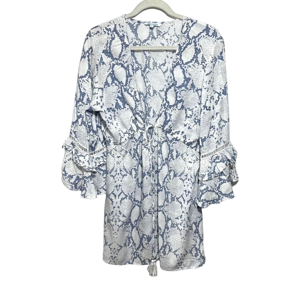 Blue Island Womens Sz M Deep V Bell Sleeve Blue Snake Print Tunic Swim Coverup